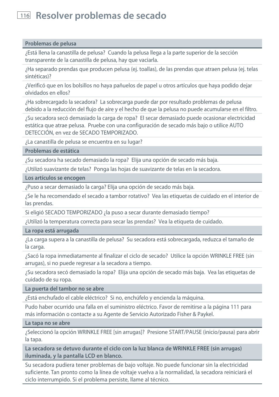 Resolver problemas de secado | Fisher & Paykel AeroSmart DG62T27C User Manual | Page 118 / 124