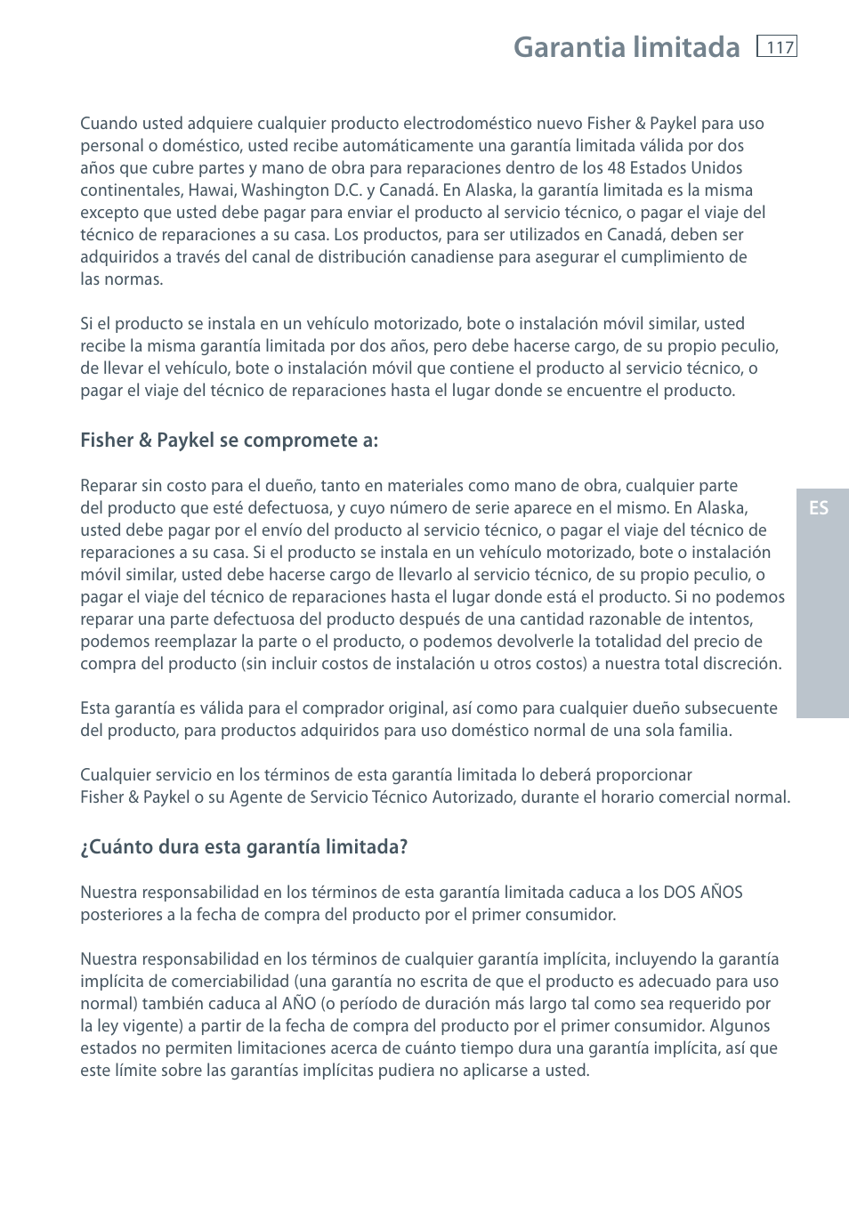 Garantia limitada | Fisher & Paykel AeroSmart DG62T27C User Manual | Page 119 / 124