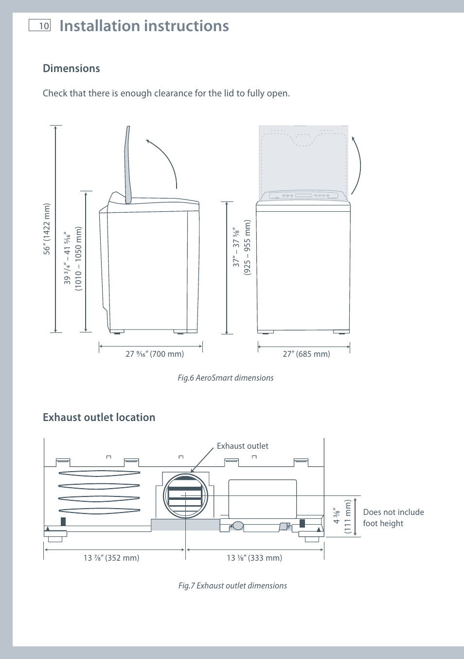 Installation instructions, Dimensions, Exhaust outlet location | Fisher & Paykel AeroSmart DG62T27C User Manual | Page 12 / 124