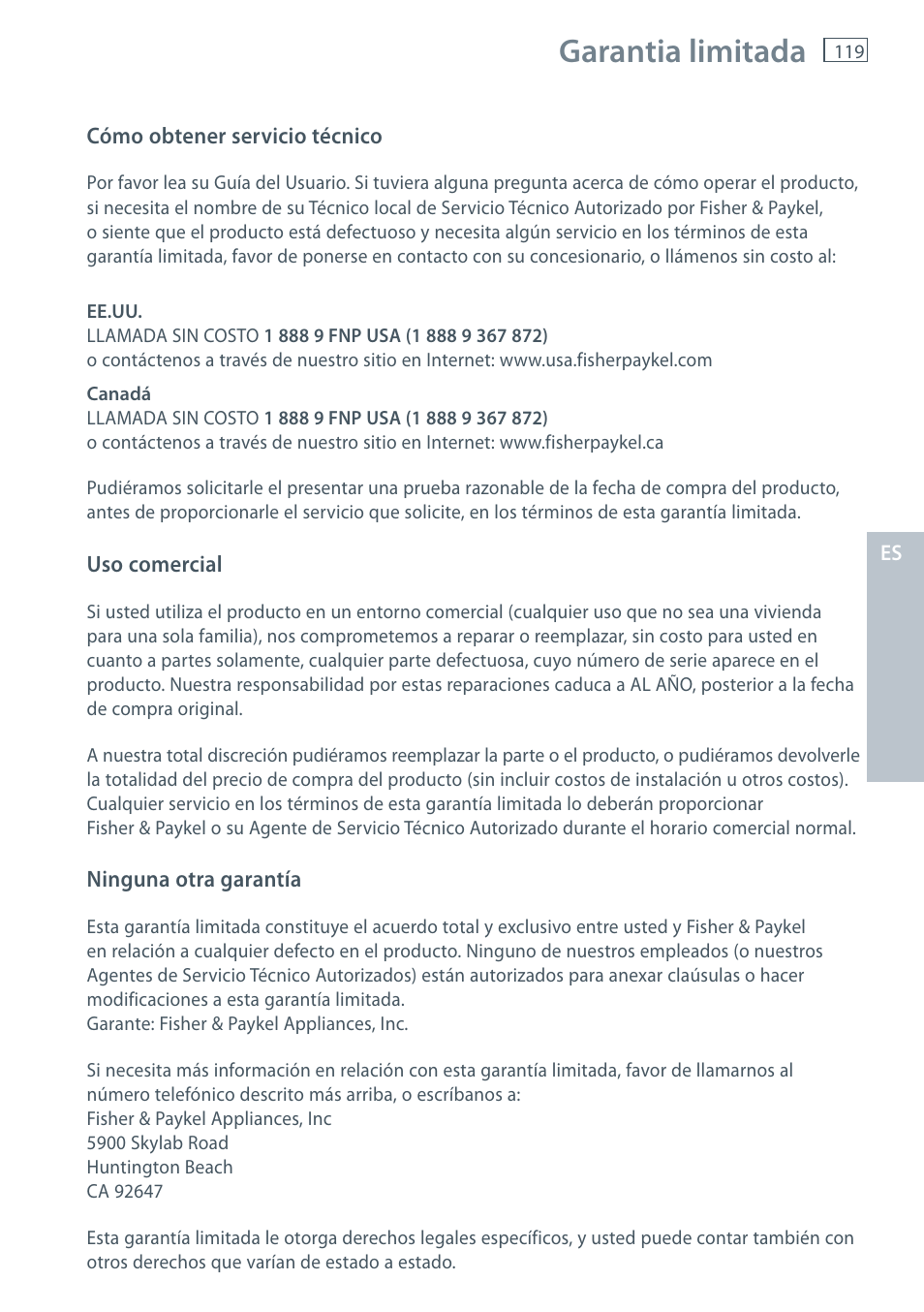 Garantia limitada | Fisher & Paykel AeroSmart DG62T27C User Manual | Page 121 / 124