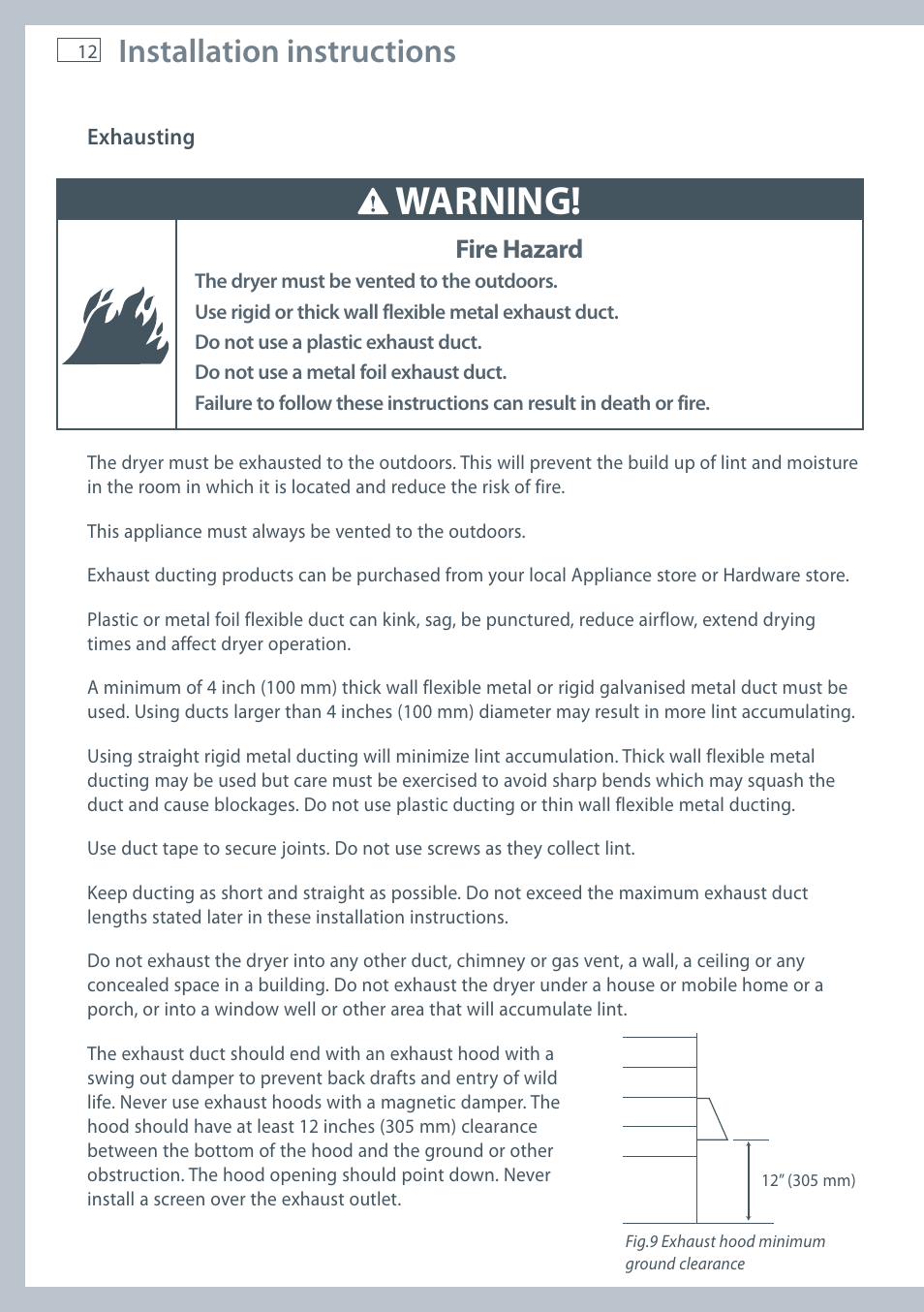 Warning, Installation instructions, Fire hazard | Fisher & Paykel AeroSmart DG62T27C User Manual | Page 14 / 124