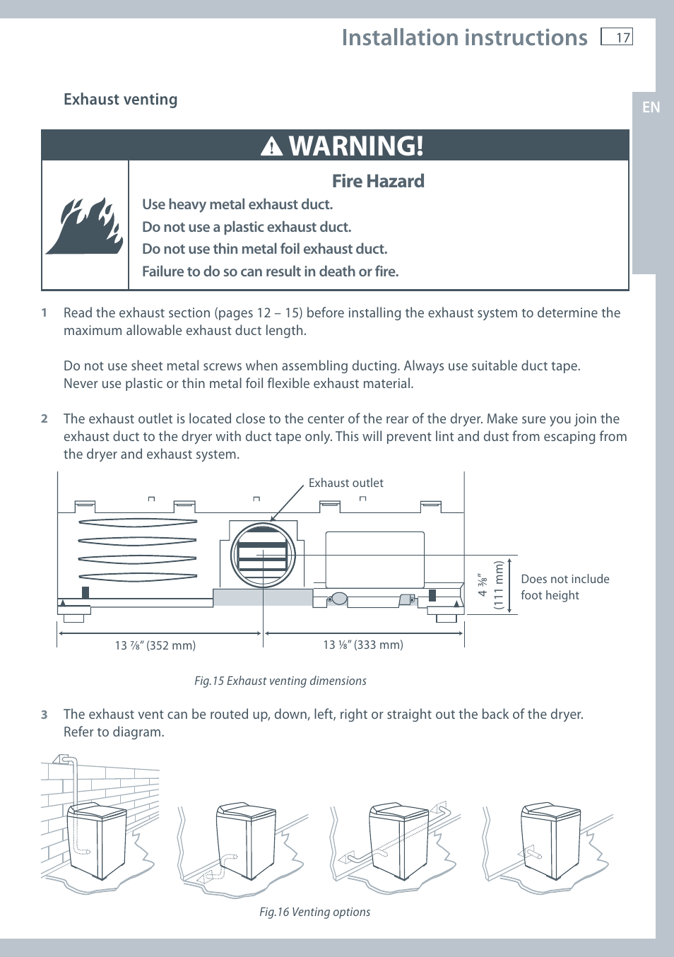 Warning, Installation instructions, Fire hazard | Fisher & Paykel AeroSmart DG62T27C User Manual | Page 19 / 124