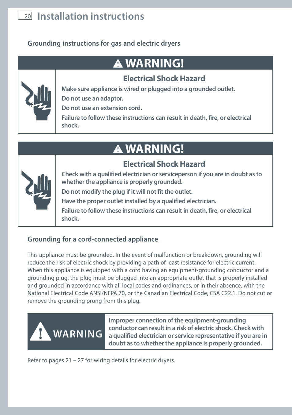 Warning, Installation instructions | Fisher & Paykel AeroSmart DG62T27C User Manual | Page 22 / 124