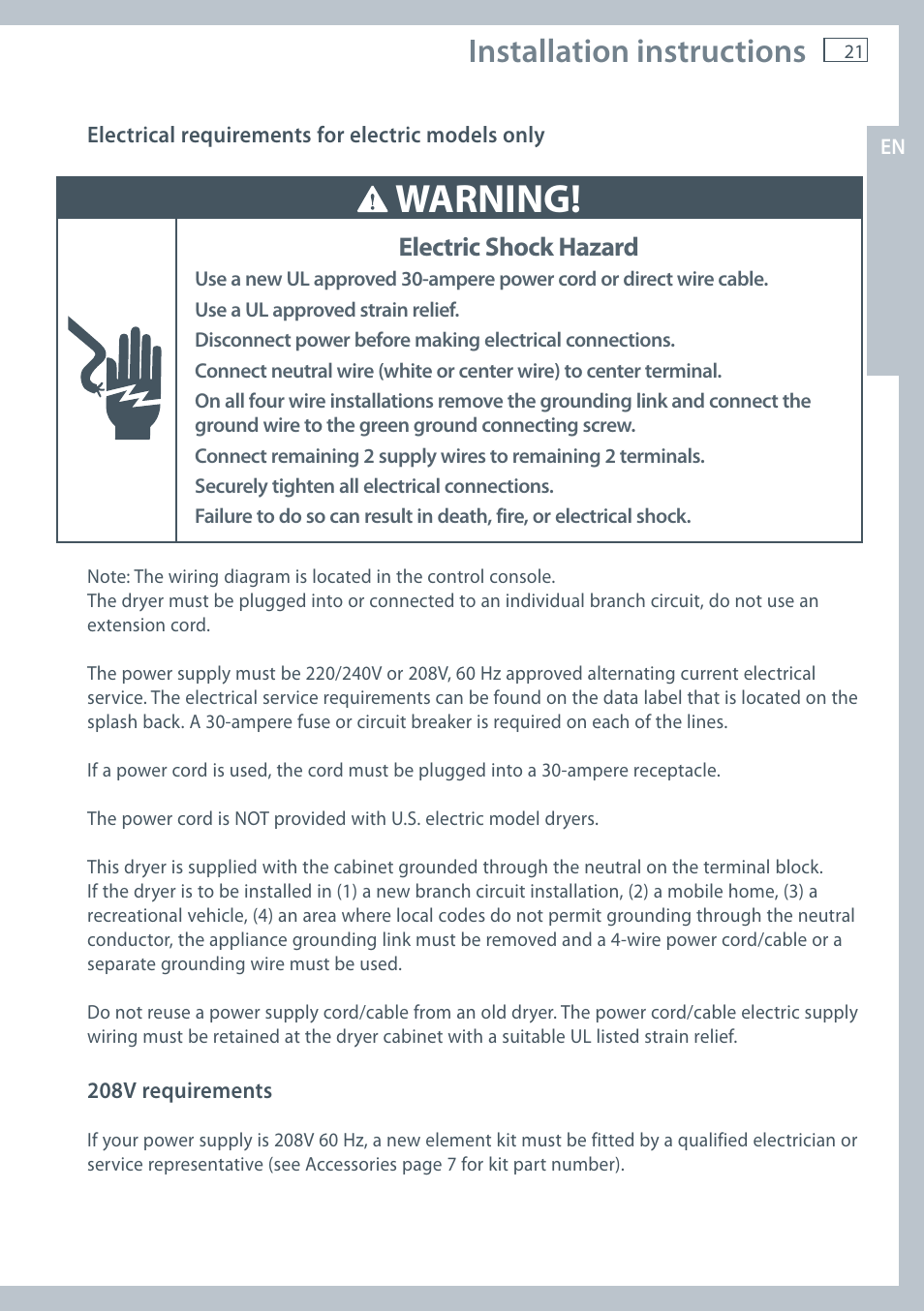 Warning, Installation instructions, Electric shock hazard | Fisher & Paykel AeroSmart DG62T27C User Manual | Page 23 / 124