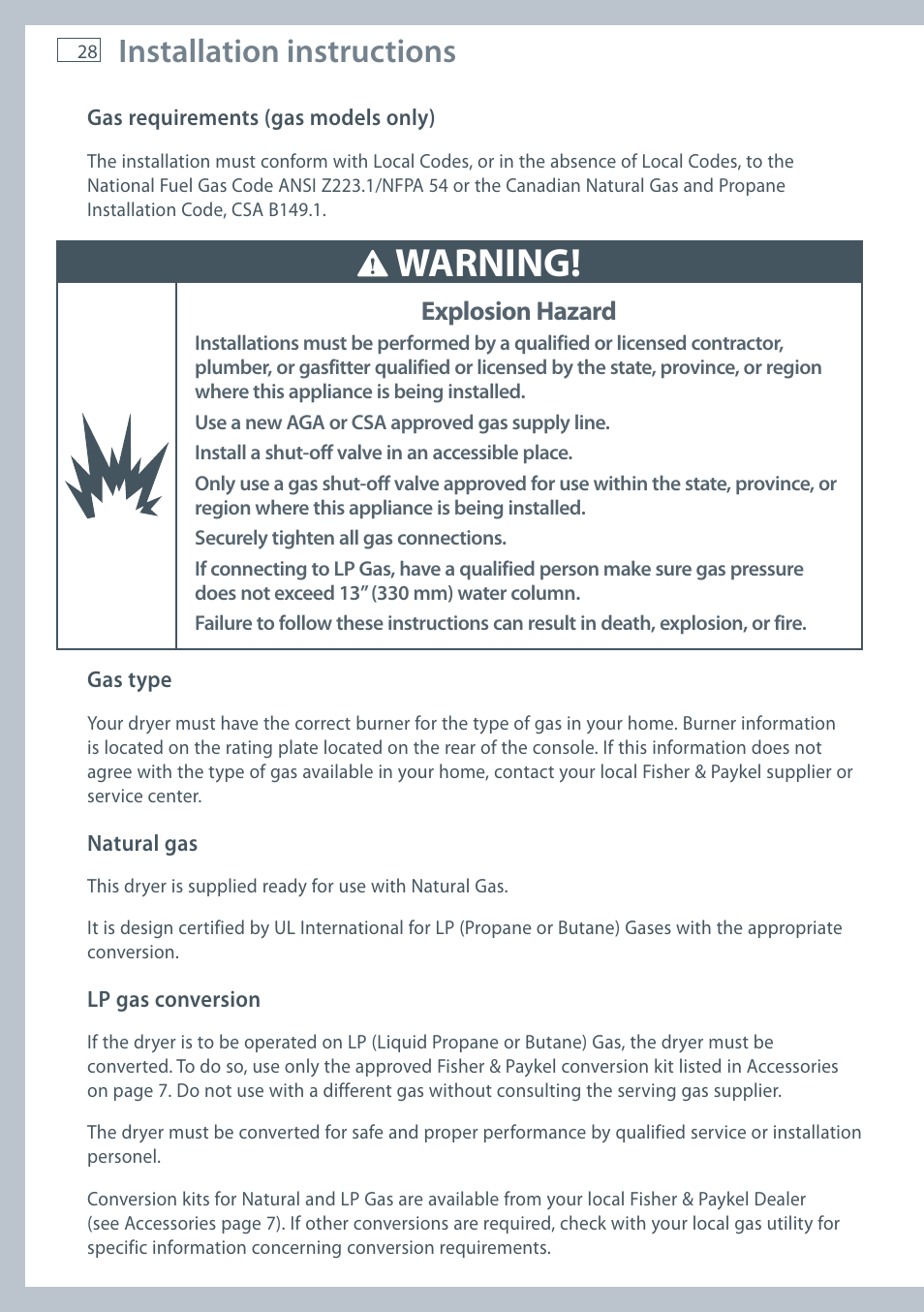 Warning, Installation instructions, Explosion hazard | Fisher & Paykel AeroSmart DG62T27C User Manual | Page 30 / 124