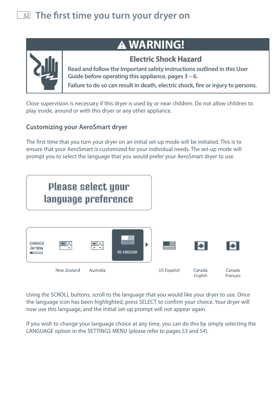 Warning, The fi rst time you turn your dryer on, Electric shock hazard | Fisher & Paykel AeroSmart DG62T27C User Manual | Page 34 / 124