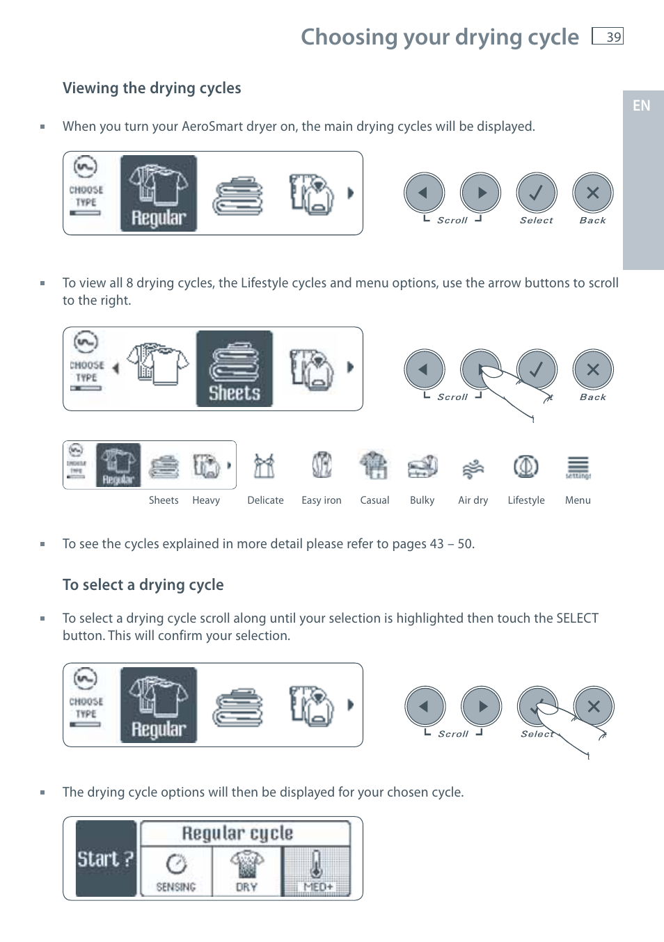 Choosing your drying cycle, Viewing the drying cycles | Fisher & Paykel AeroSmart DG62T27C User Manual | Page 41 / 124