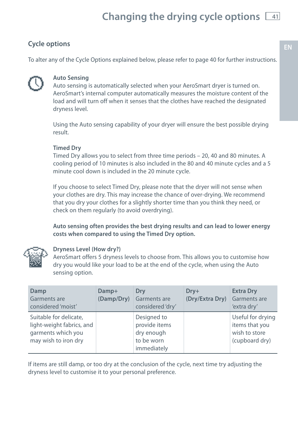 Changing the drying cycle options | Fisher & Paykel AeroSmart DG62T27C User Manual | Page 43 / 124