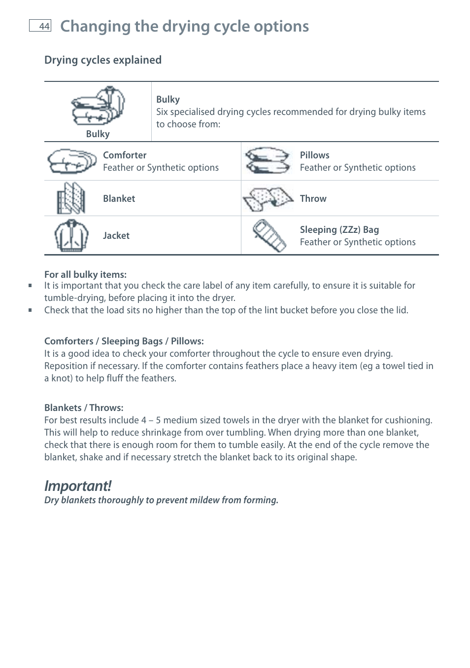 Changing the drying cycle options, Important | Fisher & Paykel AeroSmart DG62T27C User Manual | Page 46 / 124