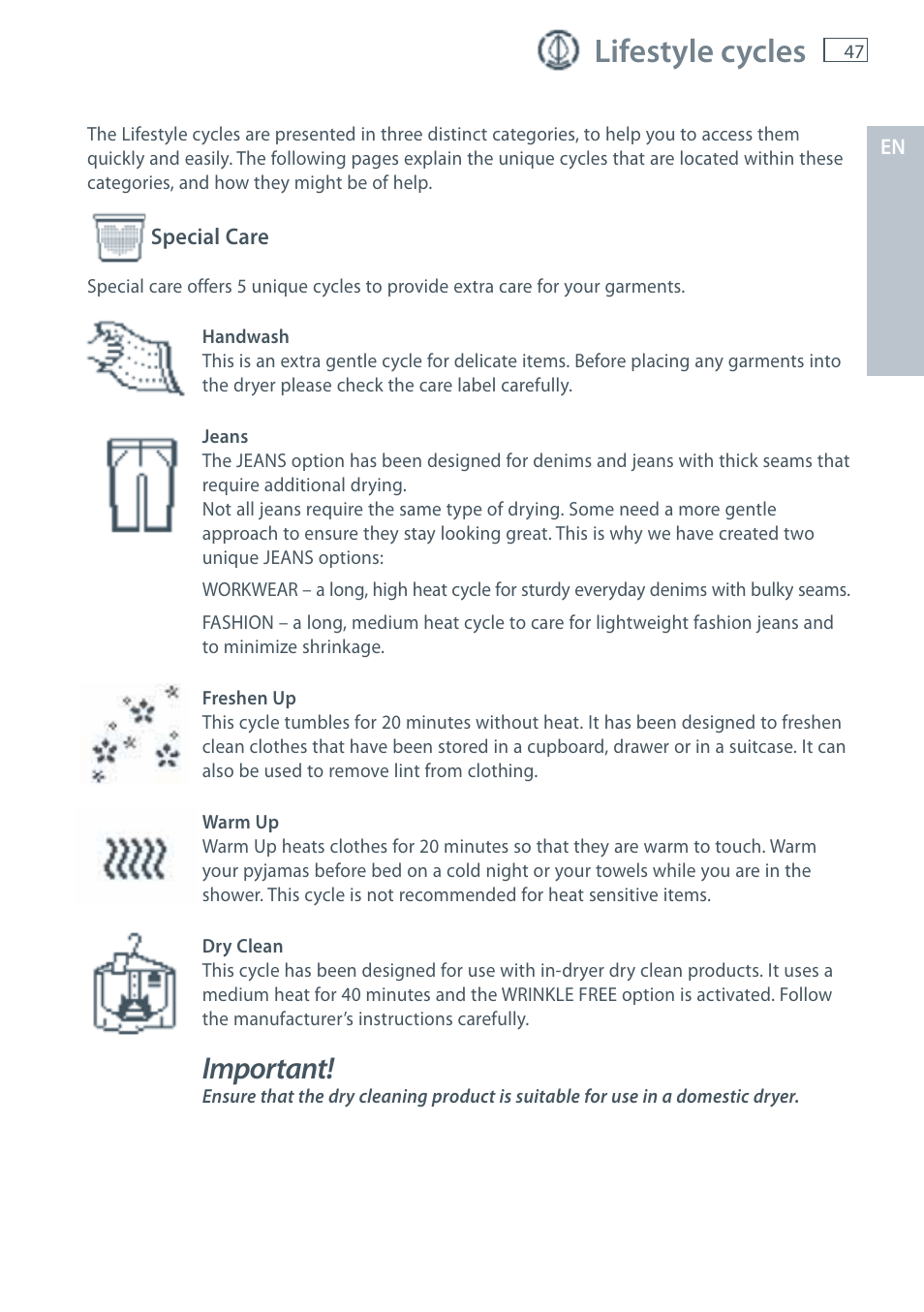 Lifestyle cycles, Important | Fisher & Paykel AeroSmart DG62T27C User Manual | Page 49 / 124