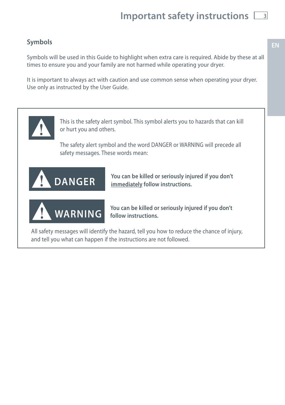 Danger warning, Important safety instructions | Fisher & Paykel AeroSmart DG62T27C User Manual | Page 5 / 124