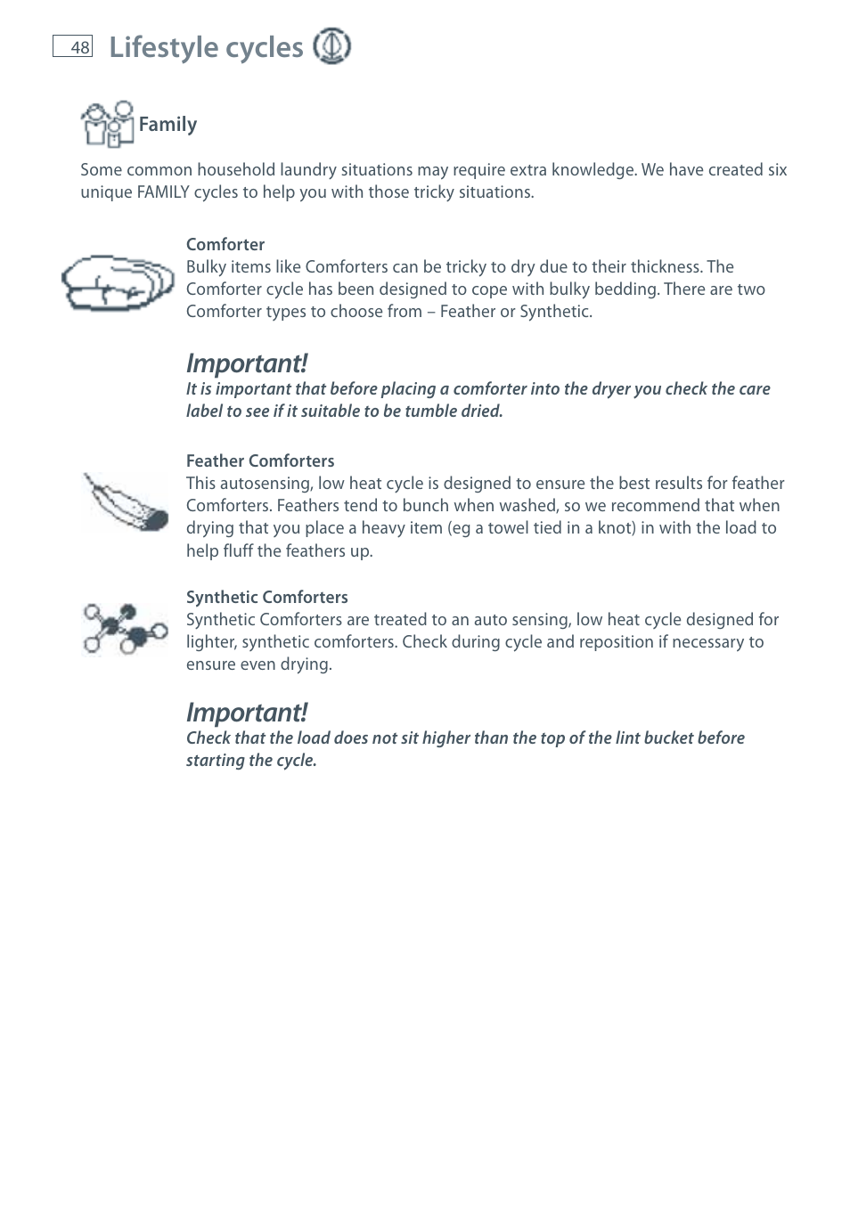 Lifestyle cycles, Important | Fisher & Paykel AeroSmart DG62T27C User Manual | Page 50 / 124