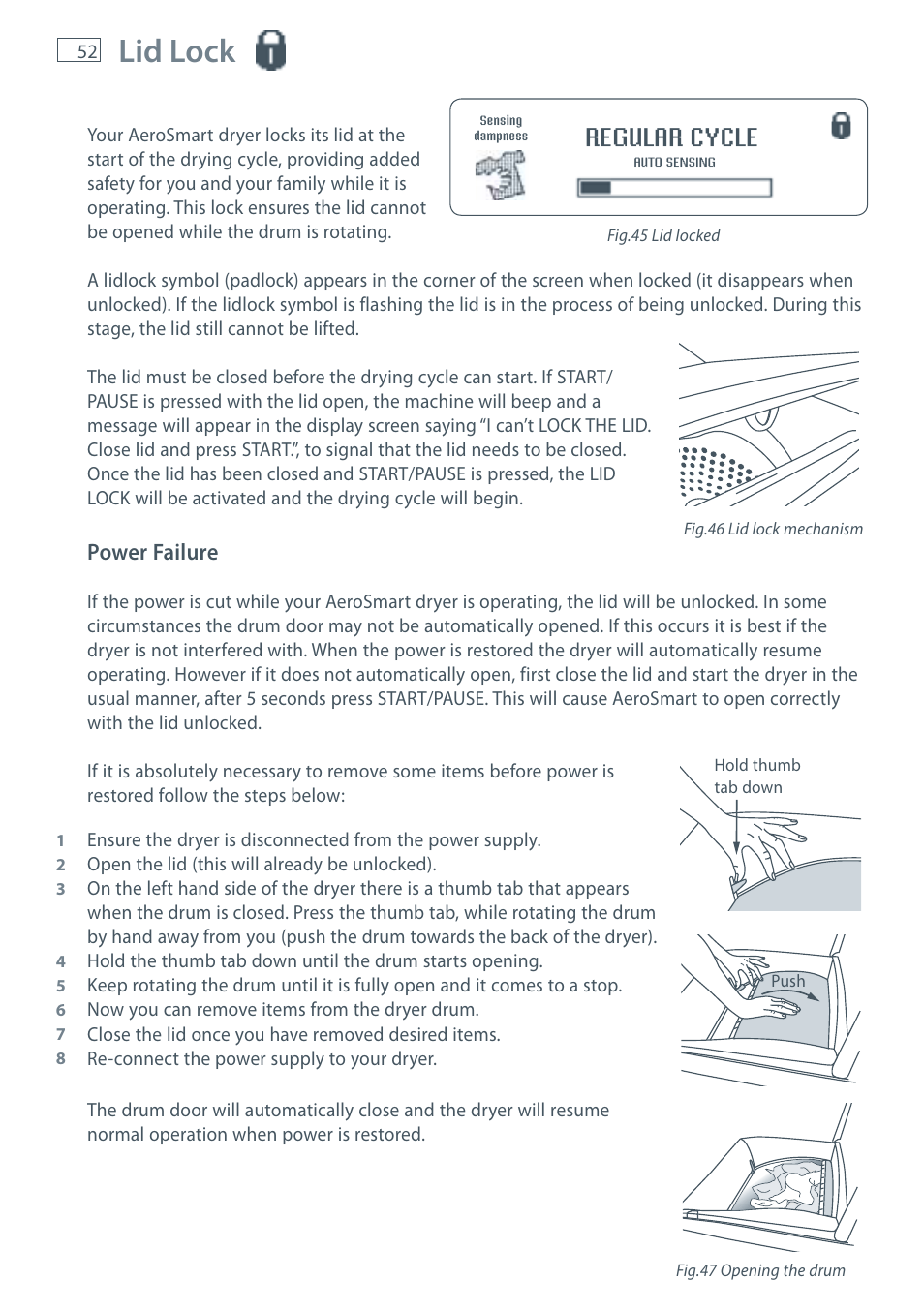 Lid lock, Regular cycle, Power failure | Fisher & Paykel AeroSmart DG62T27C User Manual | Page 54 / 124