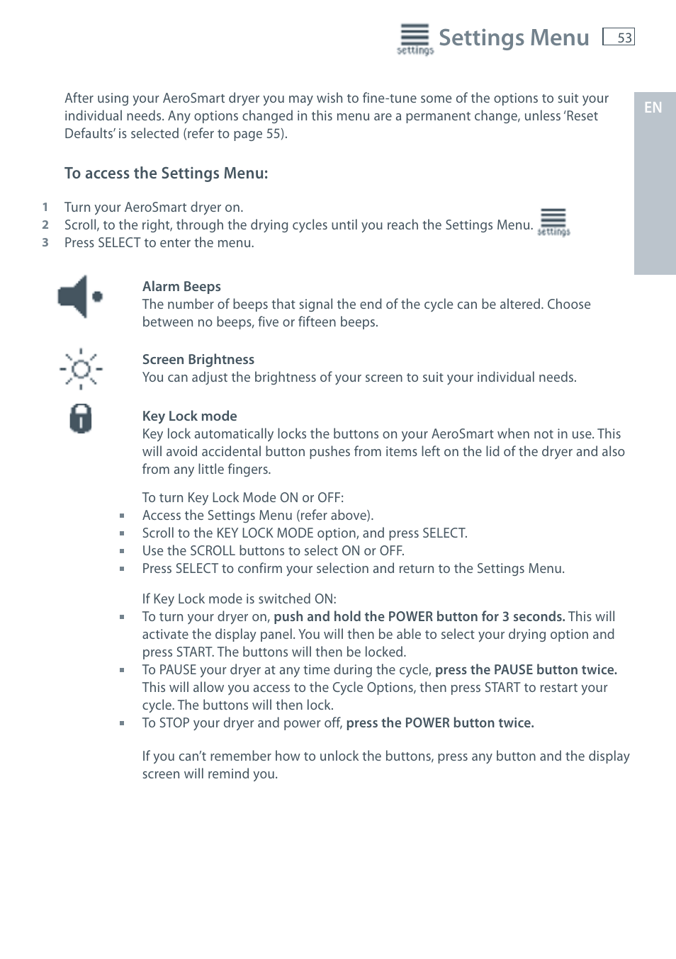Settings menu | Fisher & Paykel AeroSmart DG62T27C User Manual | Page 55 / 124