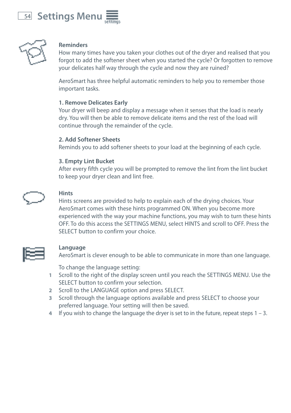 Settings menu | Fisher & Paykel AeroSmart DG62T27C User Manual | Page 56 / 124
