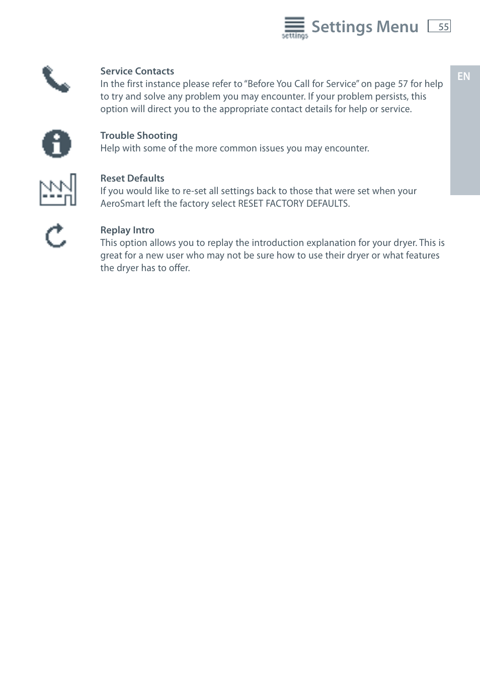 Settings menu | Fisher & Paykel AeroSmart DG62T27C User Manual | Page 57 / 124