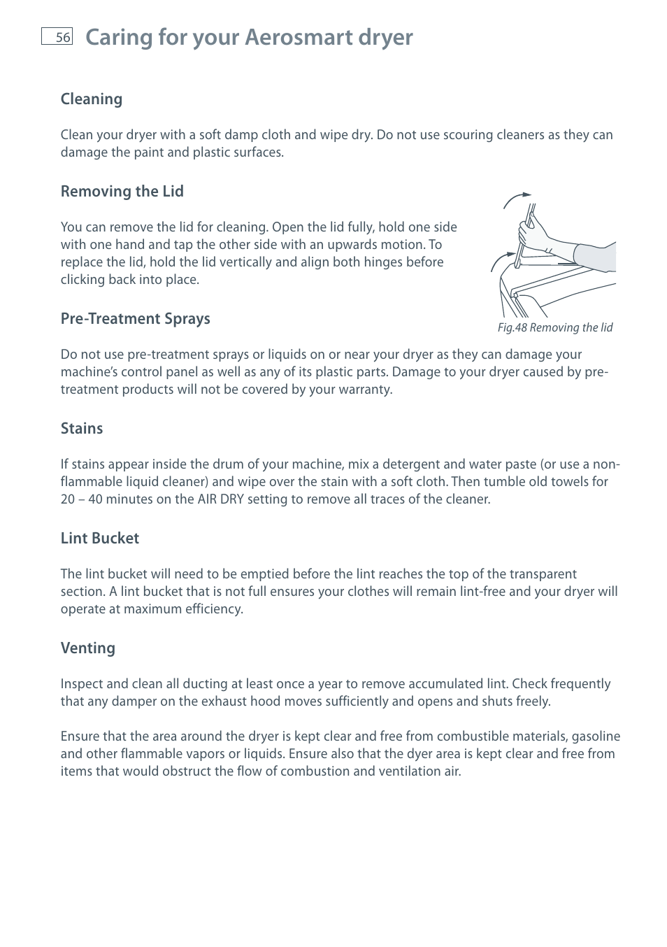Caring for your aerosmart dryer | Fisher & Paykel AeroSmart DG62T27C User Manual | Page 58 / 124