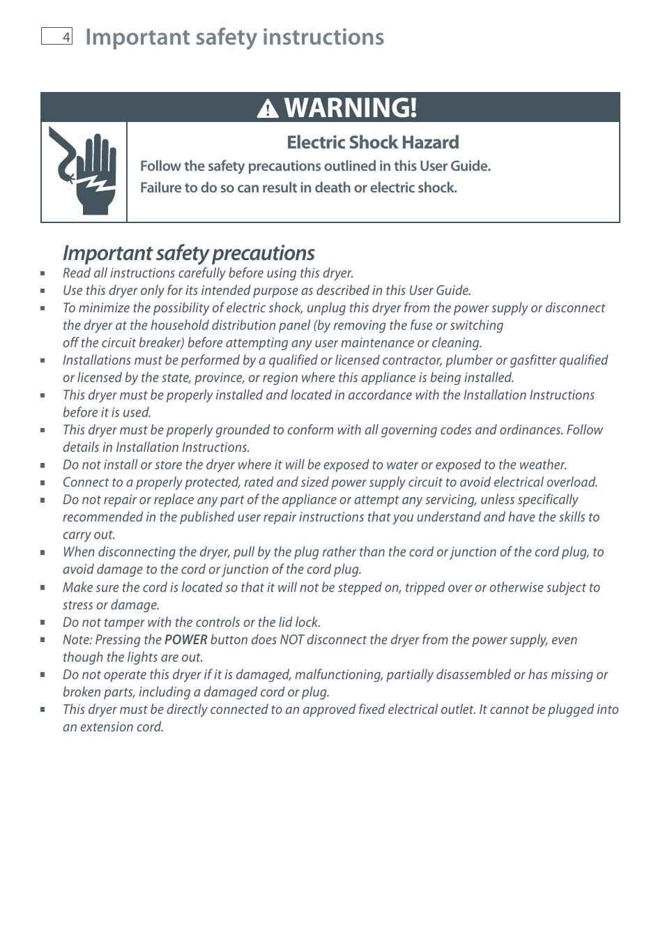 Warning, Important safety instructions, Important safety precautions | Electric shock hazard | Fisher & Paykel AeroSmart DG62T27C User Manual | Page 6 / 124