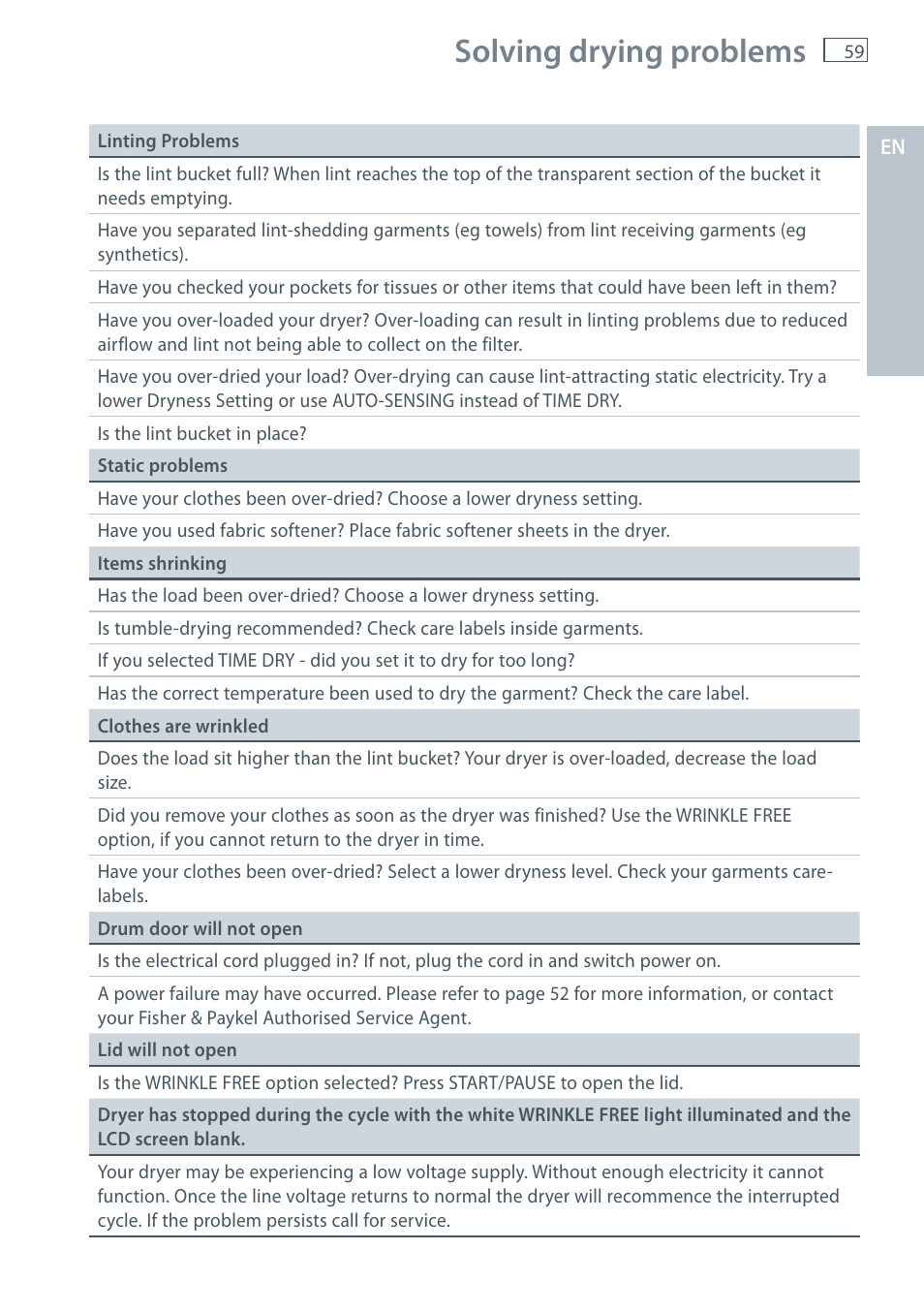 Solving drying problems | Fisher & Paykel AeroSmart DG62T27C User Manual | Page 61 / 124