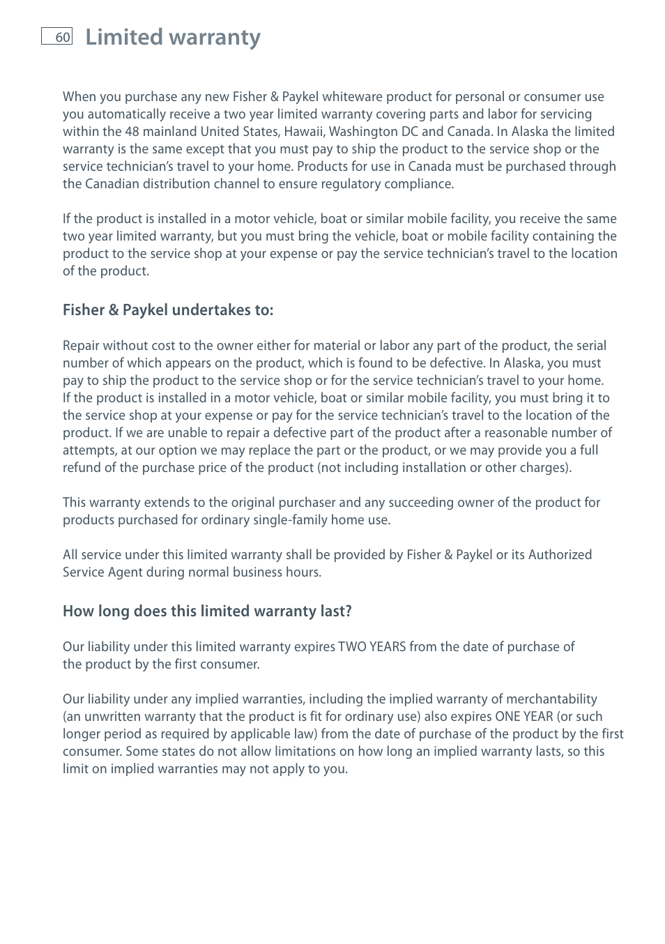 Limited warranty | Fisher & Paykel AeroSmart DG62T27C User Manual | Page 62 / 124