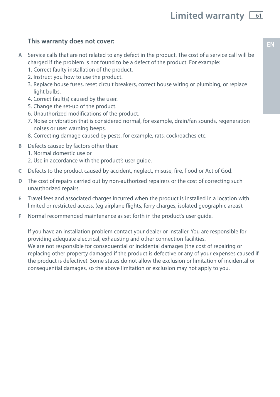 Limited warranty | Fisher & Paykel AeroSmart DG62T27C User Manual | Page 63 / 124