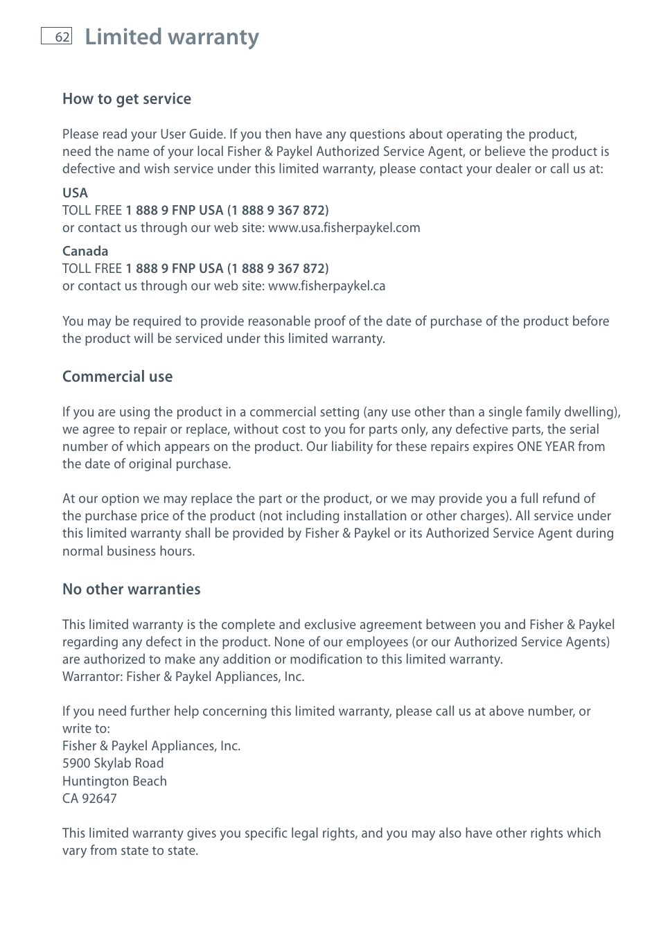 Limited warranty | Fisher & Paykel AeroSmart DG62T27C User Manual | Page 64 / 124