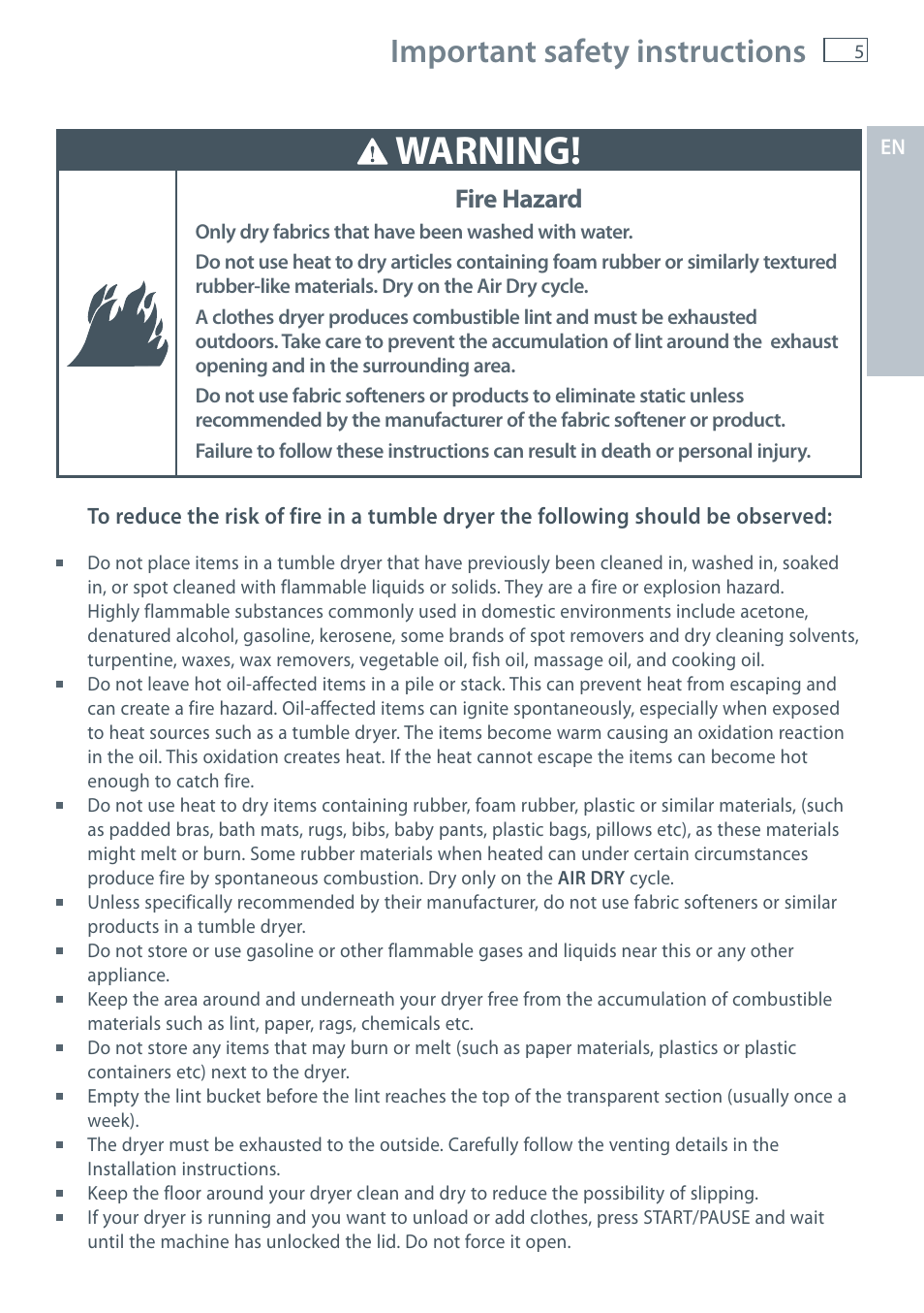 Warning, Important safety instructions, Fire hazard | Fisher & Paykel AeroSmart DG62T27C User Manual | Page 7 / 124