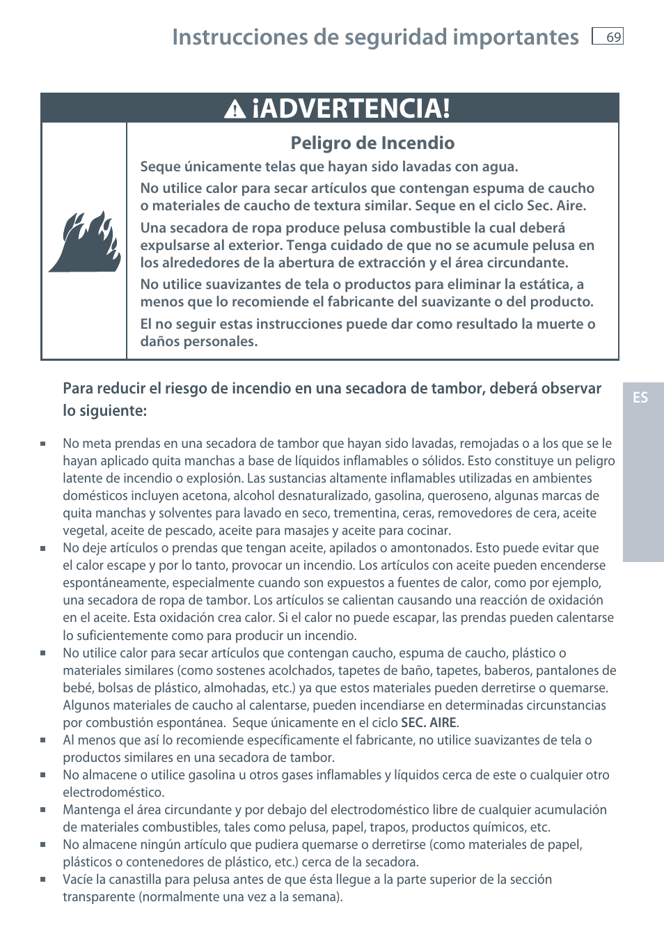 Advertencia, Instrucciones de seguridad importantes, Peligro de incendio | Fisher & Paykel AeroSmart DG62T27C User Manual | Page 71 / 124