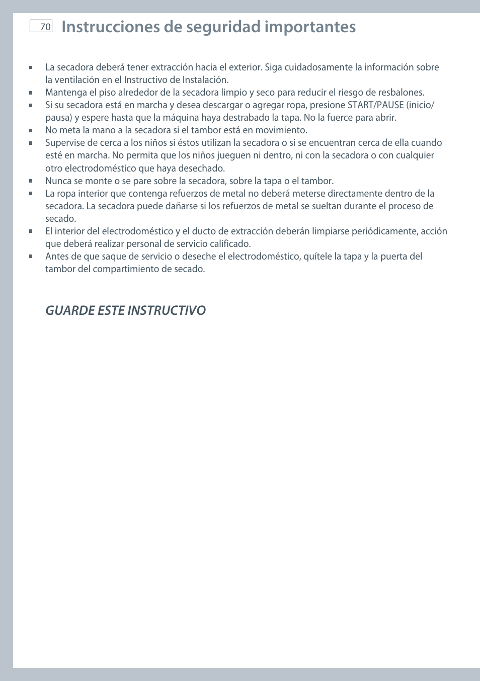 Instrucciones de seguridad importantes, Guarde este instructivo | Fisher & Paykel AeroSmart DG62T27C User Manual | Page 72 / 124