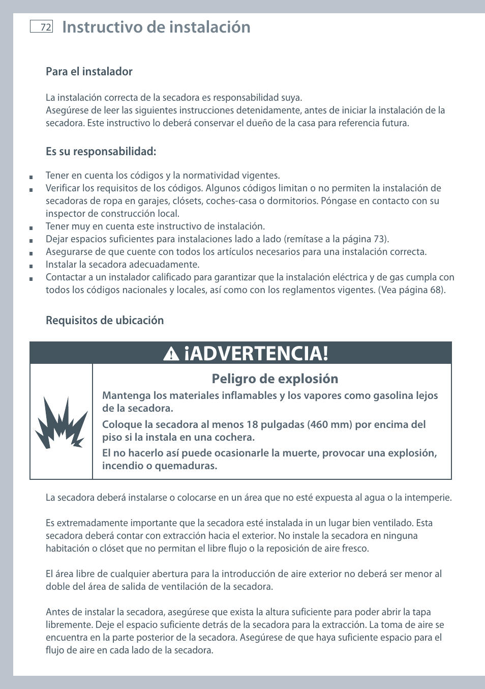 Advertencia, Instructivo de instalación, Peligro de explosión | Fisher & Paykel AeroSmart DG62T27C User Manual | Page 74 / 124