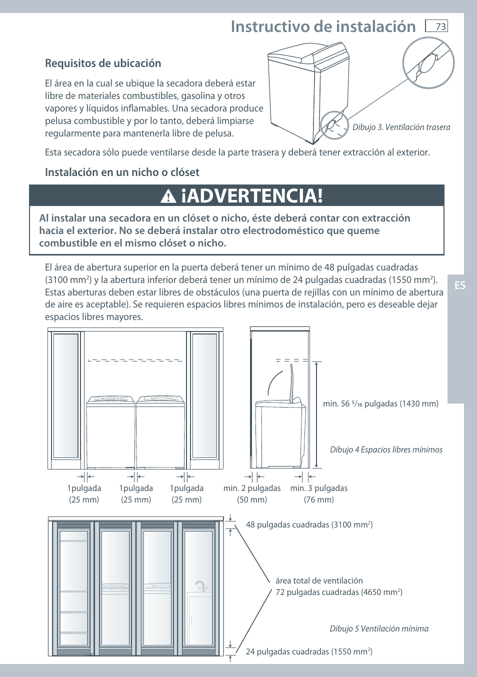 Advertencia, Instructivo de instalación, Requisitos de ubicación | Instalación en un nicho o clóset | Fisher & Paykel AeroSmart DG62T27C User Manual | Page 75 / 124