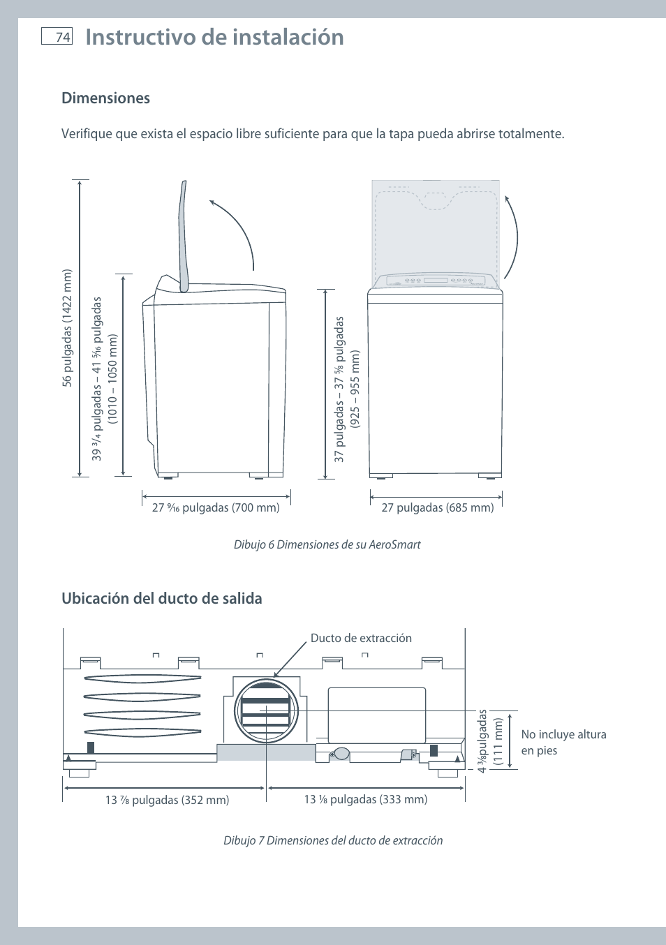 Instructivo de instalación, Dimensiones, Ubicación del ducto de salida | Fisher & Paykel AeroSmart DG62T27C User Manual | Page 76 / 124