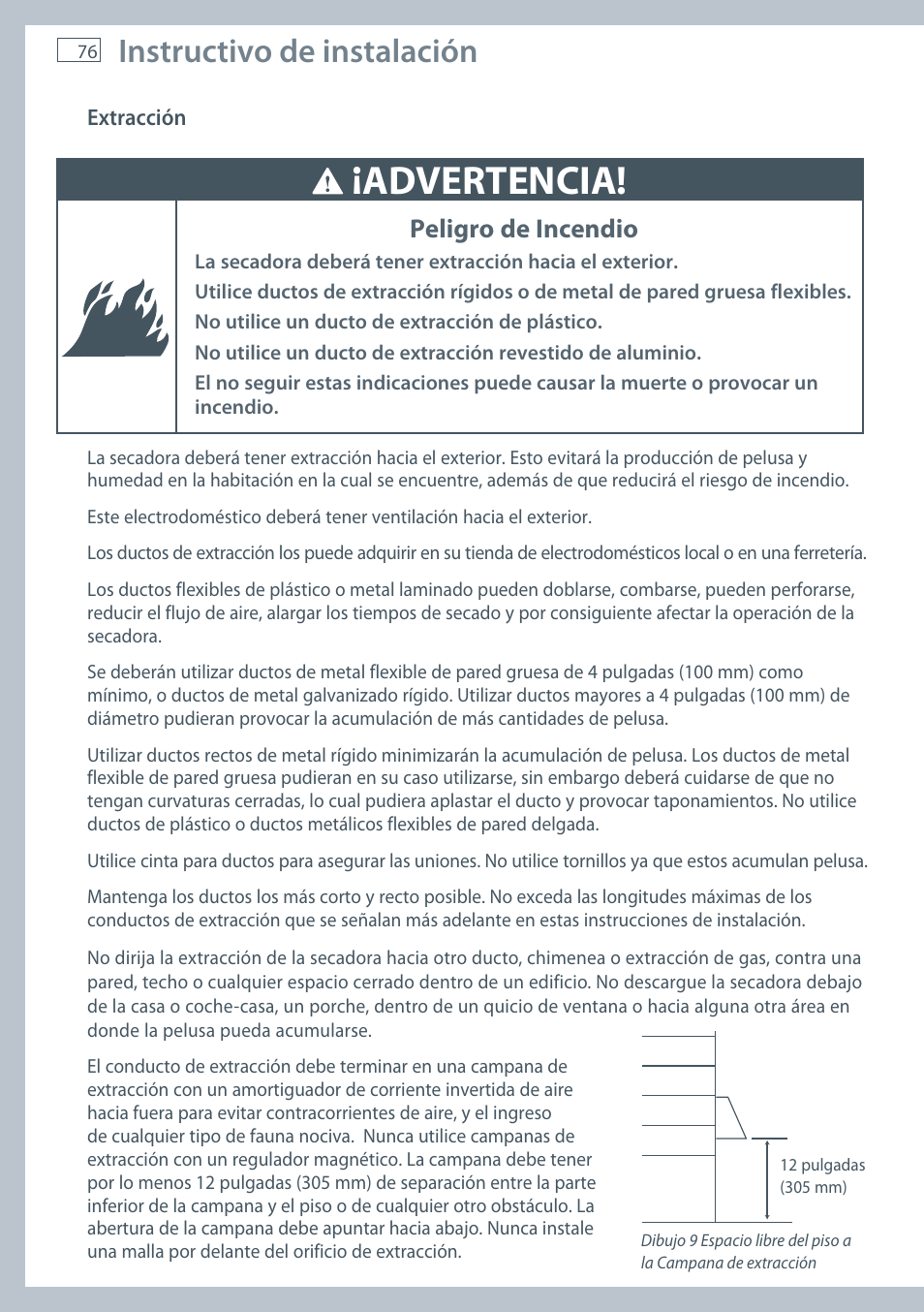 Advertencia, Instructivo de instalación, Peligro de incendio | Fisher & Paykel AeroSmart DG62T27C User Manual | Page 78 / 124
