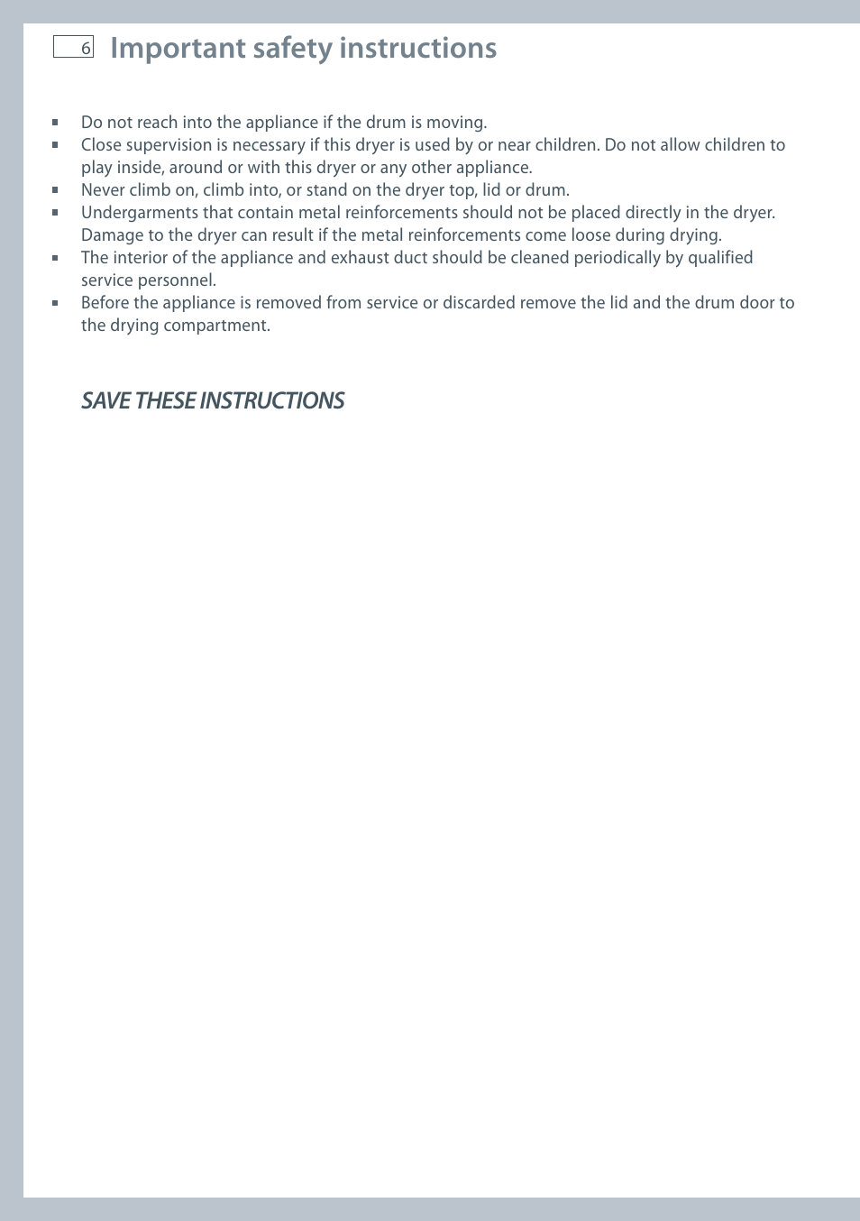 Important safety instructions, Save these instructions | Fisher & Paykel AeroSmart DG62T27C User Manual | Page 8 / 124
