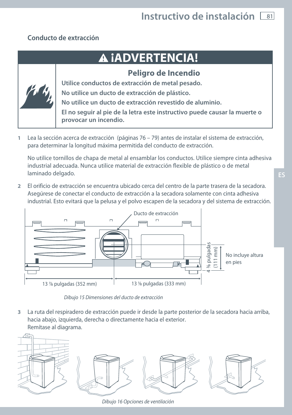 Advertencia, Instructivo de instalación, Peligro de incendio | Fisher & Paykel AeroSmart DG62T27C User Manual | Page 83 / 124