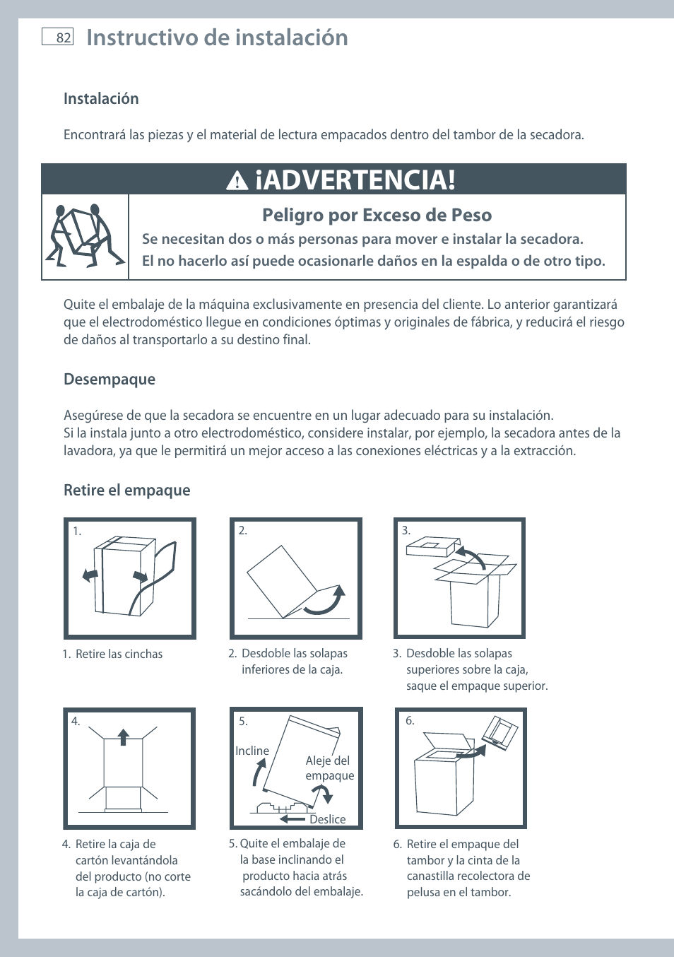 Advertencia, Instructivo de instalación, Peligro por exceso de peso | Fisher & Paykel AeroSmart DG62T27C User Manual | Page 84 / 124
