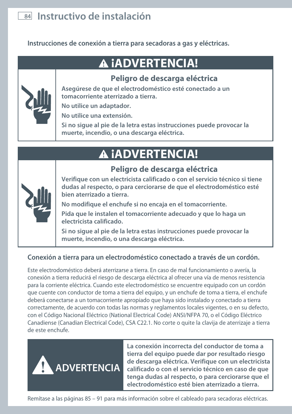 Advertencia, Instructivo de instalación | Fisher & Paykel AeroSmart DG62T27C User Manual | Page 86 / 124