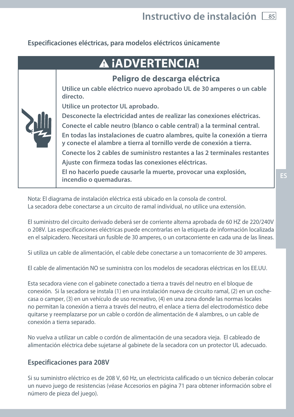 Advertencia, Instructivo de instalación, Peligro de descarga eléctrica | Fisher & Paykel AeroSmart DG62T27C User Manual | Page 87 / 124