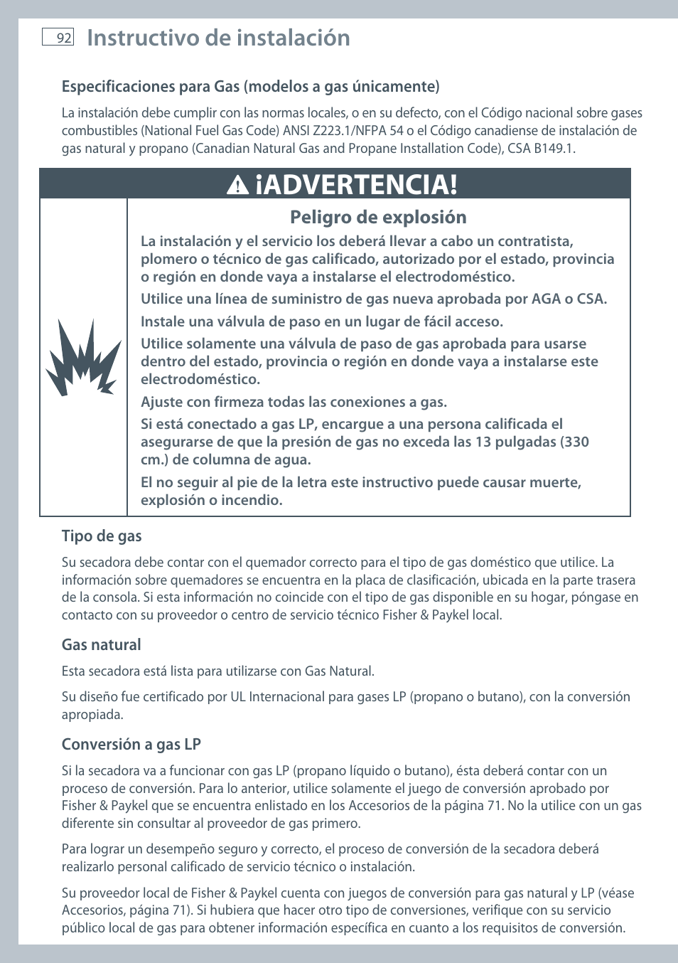 Advertencia, Instructivo de instalación, Peligro de explosión | Fisher & Paykel AeroSmart DG62T27C User Manual | Page 94 / 124