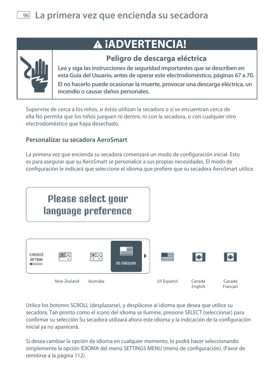 Advertencia, La primera vez que encienda su secadora, Peligro de descarga eléctrica | Fisher & Paykel AeroSmart DG62T27C User Manual | Page 98 / 124