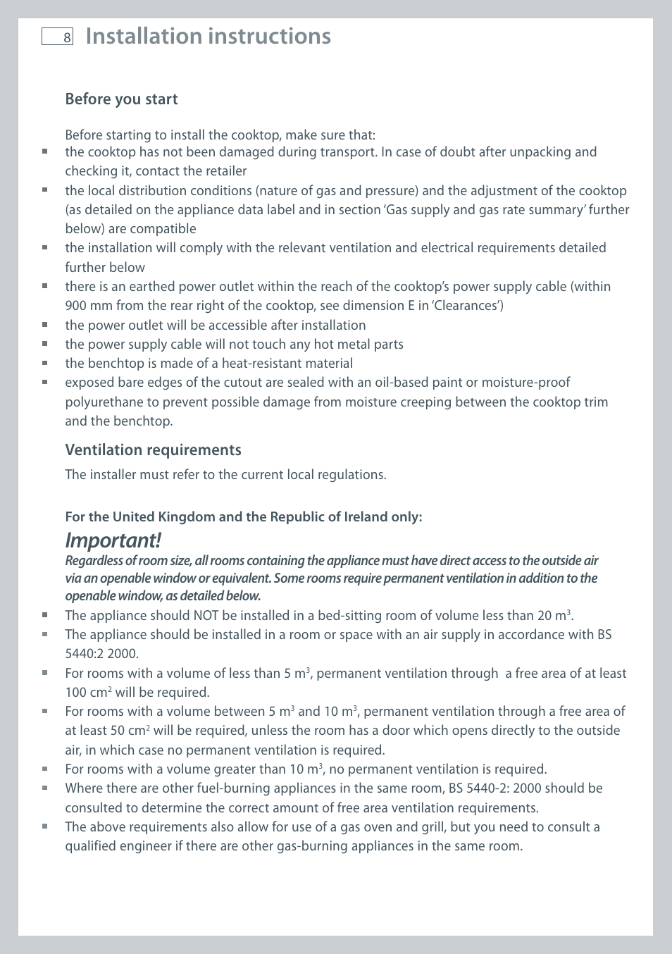 Installation instructions, Important, Before you start | Ventilation requirements | Fisher & Paykel CG905 User Manual | Page 10 / 36