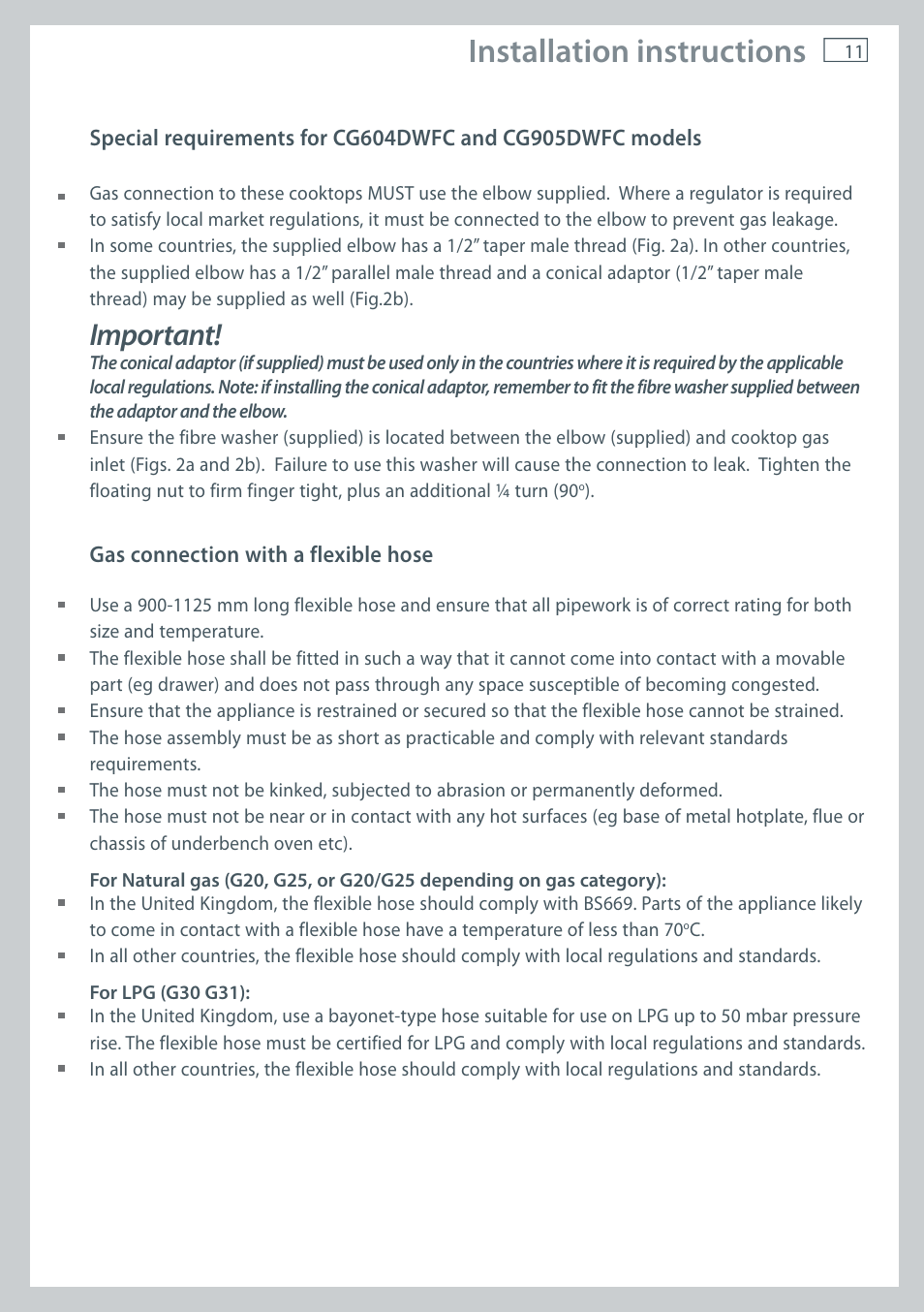 Installation instructions, Important | Fisher & Paykel CG905 User Manual | Page 13 / 36