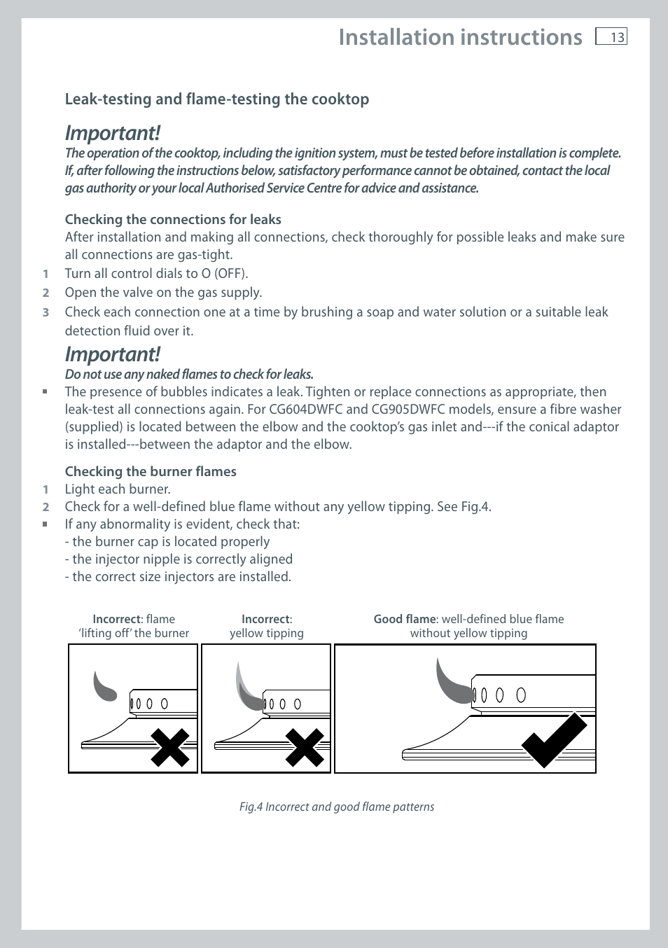 Installation instructions, Important | Fisher & Paykel CG905 User Manual | Page 15 / 36