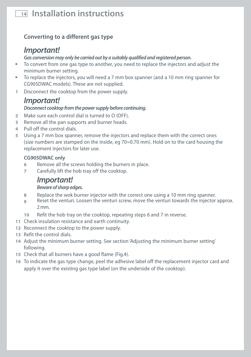 Installation instructions, Important | Fisher & Paykel CG905 User Manual | Page 16 / 36