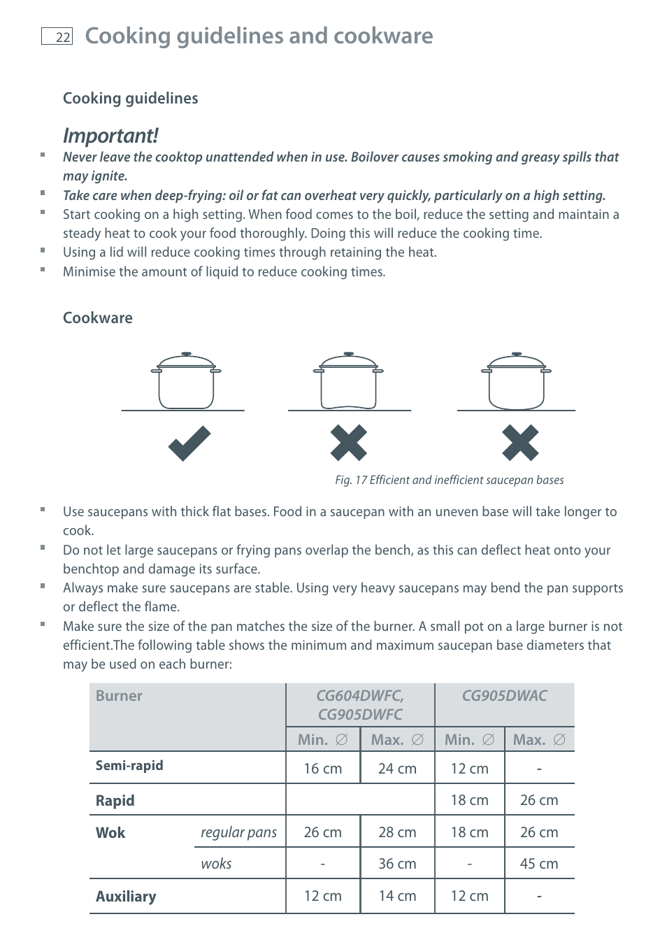 Cooking guidelines and cookware, Important | Fisher & Paykel CG905 User Manual | Page 24 / 36