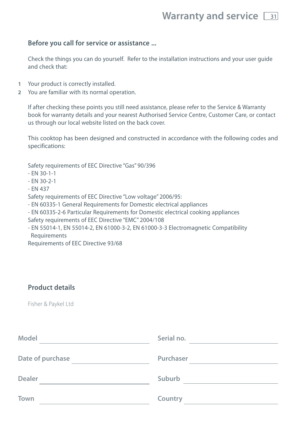Warranty and service | Fisher & Paykel CG905 User Manual | Page 33 / 36