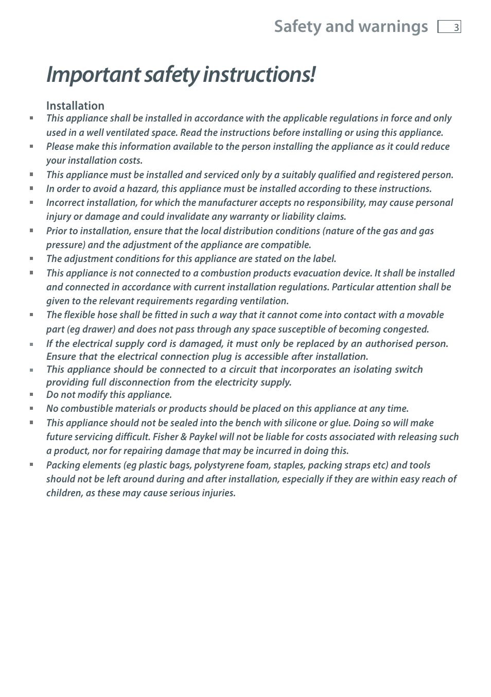 Important safety instructions, Safety and warnings | Fisher & Paykel CG905 User Manual | Page 5 / 36