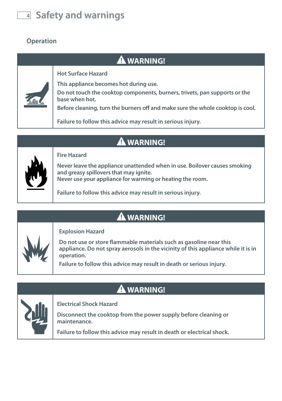 Safety and warnings, Warning | Fisher & Paykel CG905 User Manual | Page 6 / 36