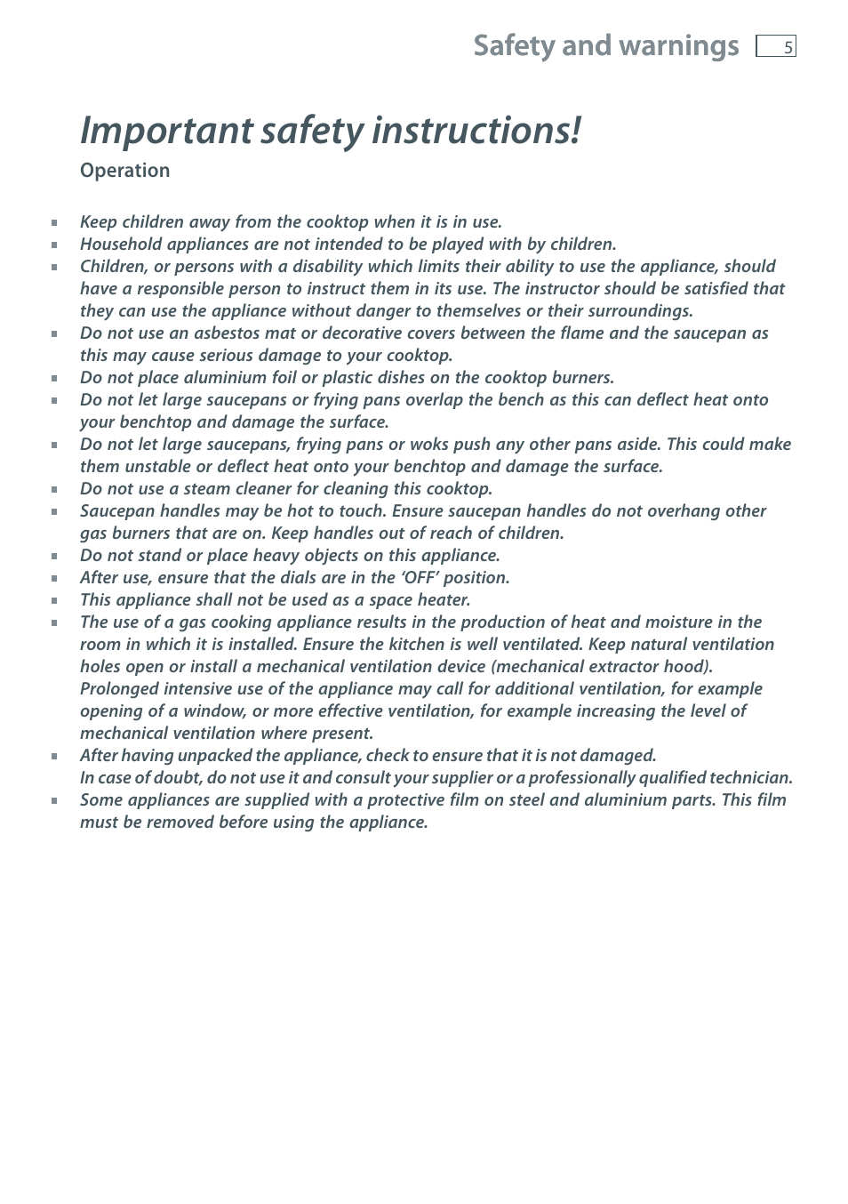 Important safety instructions, Safety and warnings | Fisher & Paykel CG905 User Manual | Page 7 / 36
