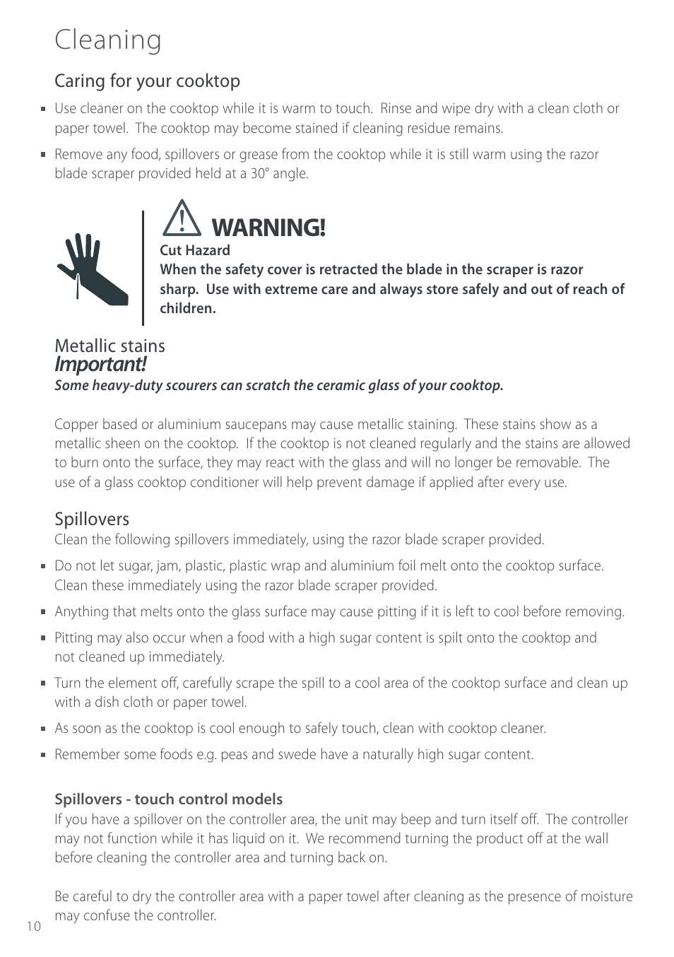 Cleaning, Warning, Important | Caring for your cooktop, Metallic stains, Spillovers | Fisher & Paykel CT280 User Manual | Page 12 / 20